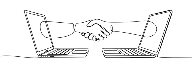 Minimalist continuous line drawing of handshake emerging from laptops, symbolizing virtual agreement, online partnership, and digital trust