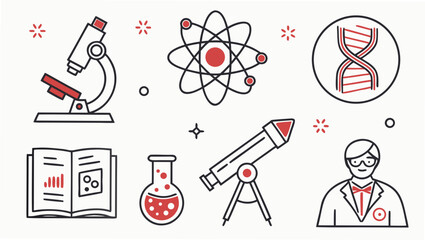 A vibrant collection of science and education icons including a microscope atom model dna strand open book test tube telescope and a scientist in a lab coat with a bow tie