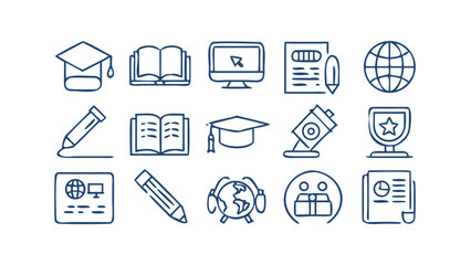A collection of blue line art icons representing education and learning including graduation caps books computers pencils a globe a telescope and awards on a black background