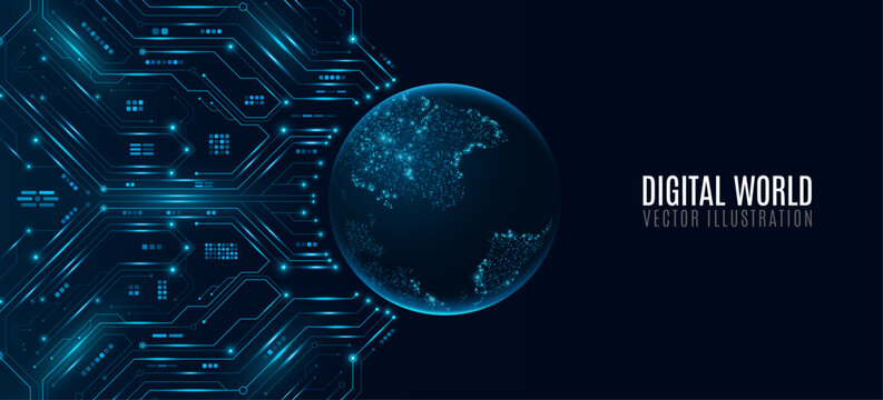 Futuristic digital planet Earth connected with glowing circuit board and electronic elements. Abstract high tech background for data science design and global virtual communication. Vector.