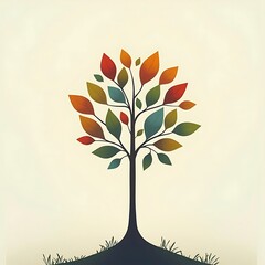 Colorful Tree Illustration with Autumn Leaves on Beige Background