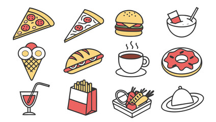 A colorful flat design collection of popular fast food items and drinks including pizza slices burger hot dog ice cream cone coffee cup donut french fries and a covered dish