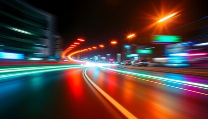 Night city street, vibrant light trails blur, speeding car perspective, urban dynamism.