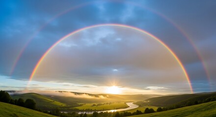 Naklejka premium Vibrant Full Rainbow Arching Over Lush Green Landscape at Sunset.