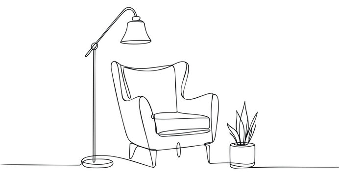 Minimalist continuous line drawing of cozy armchair, floor lamp, and potted plant, symbolizing comfort, interior design, and relaxation