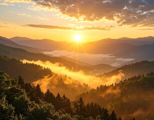 Sunrise Over Misty Forested Mountains Landscape