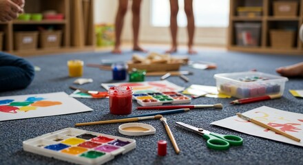 Fototapeta premium Art supplies spread on floor in preschool classroom with bright light and colorful inclusive setting