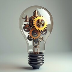Creative Lightbulb with Golden Gears Mechanical Concept on Gray Background