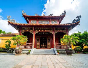 Obraz premium Asian temple facade under a partly cloudy sky