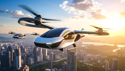 Futuristic electric vertical takeoff and landing (eVTOL) aircraft flying over a modern city skyline at sunset.