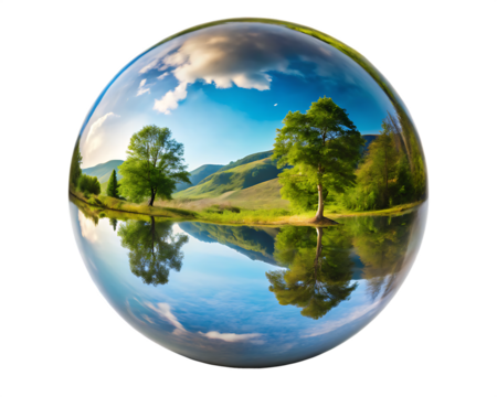 Rolling hills landscape reflected in a glass sphere on background nature reflection isolated on a transparent background