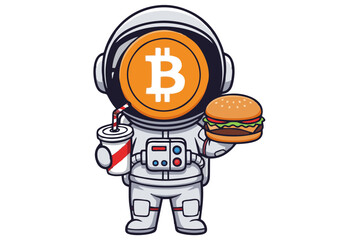 Bitcoin Astronaut Cartoon Crypto-themed Illustration of an astronaut with a bitcoin helmet, holding a burger and soda. A fun and creative digital art piece for crypto enthusiasts