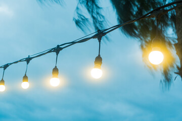 A lone bright light bulb hangs from a tree, illuminating a blue sky with soft, sunny clouds on a bright, beautiful summer day