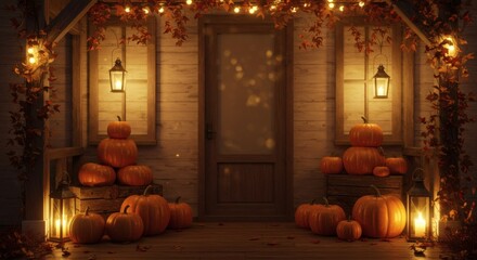 Obraz premium Warm Autumn Welcome Thanksgiving Wallpaper for Copy Space with Pumpkins and Lanterns