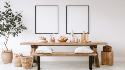 Wooden dining table and bench set in a modern minimalist interior.