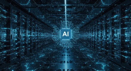 AI Core: Futuristic Server Room with Glowing Circuitry and Central Processing Unit