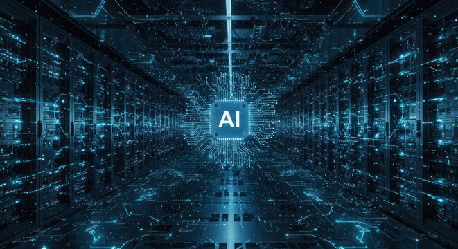 AI Core: Futuristic Server Room with Glowing Circuitry and Central Processing Unit - Powered by Adobe