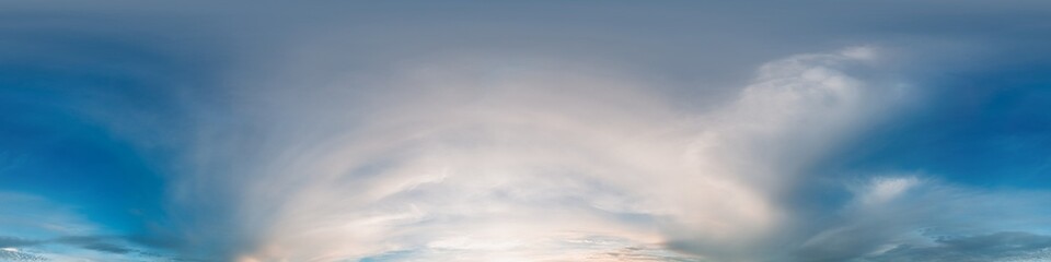 Obraz premium 360 panorama of glowing sunset sky with bright Cirrus clouds. Seamless hdr spherical 360 panorama. Sky dome in 3D visualization, sky replacement for aerial drone panoramas. Weather and climate change