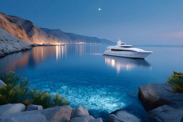 Luxury yacht sailing near the coast at dusk