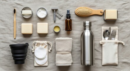 Sustainable Travel Essentials: A Knolling Flat Lay of Reusable Personal Care Items
