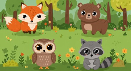 Naklejka premium Cute cartoon animals in forest clearing on a bright sunny day