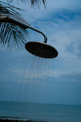 Tropical beach paradise outdoor shower with palm trees and sea views