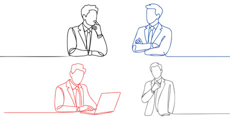 Minimalist continuous line drawing of four businessmen in various poses, symbolizing leadership, professionalism, decision-making, and strategy