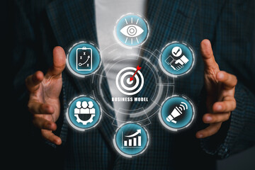 Visual representation of a business model with digital icons symbolizing strategy, growth, and innovation.