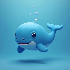 Cute Cartoon Whale Swimming with Bubbles in Blue Ocean