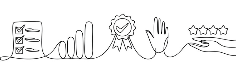 Minimalist continuous line drawing of checklist, bar chart, award badge, hand gesture, and five-star rating, symbolizing quality and feedback