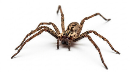 A detailed close-up shot of a large, brown, hairy spider with prominent legs and a patterned body, isolated on a white background.