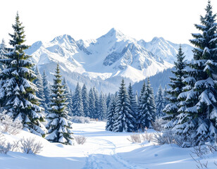 Fototapeta premium Majestic Snowy Forest with Tall Evergreen Trees, Scenic Winter Mountain View, Isolated Transparent Background PNG
