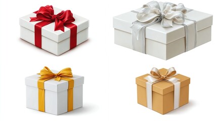 Fototapeta premium Four square gift boxes, two white, one tan, adorned with red, silver, gold ribbons and bows, presented on a white background