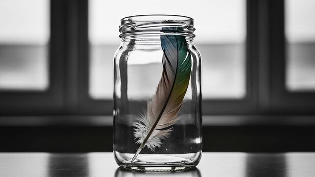 Vibrant Feather Captured in a Clear Glass Jar Still Life