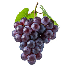 Fototapeta premium Fresh bunch of purple grapes with green leaves isolated on transparent background