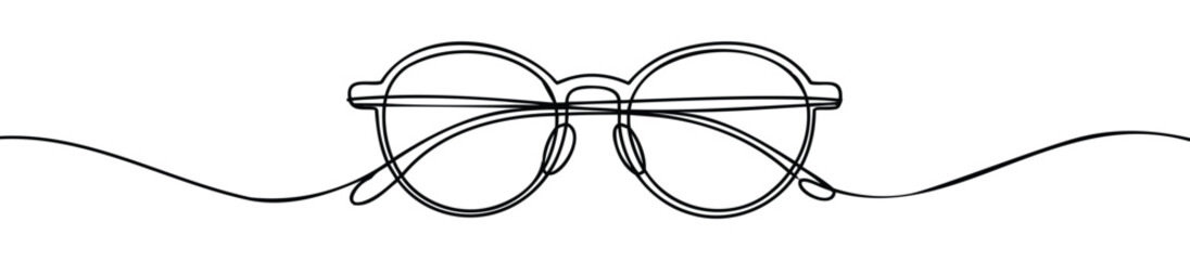 Minimalist continuous line drawing of round eyeglasses isolated on white background, symbolizing vision, clarity, intellect, and style
