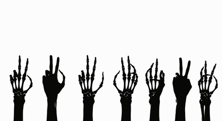 Fototapeta premium Silhouette of skeletal hands forming various hand gestures against a plain white background.
