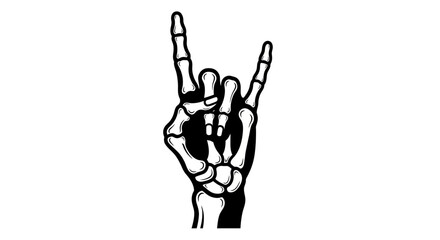 A skeletal hand makes the "rock on" gesture, a classic symbol of rock and roll music.
