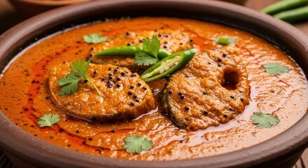 Vibrant Fish Curry in a Rustic Clay Pot, Garnished with Chili and Cilantro