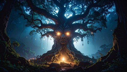 A majestic, ancient, glowing tree in a mystical forest at night.