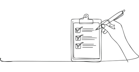 Minimalist continuous line drawing of hand holding pen and marking checklist on clipboard, symbolizing planning, organization, and productivity