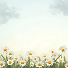 Daisy Flower Field Under Soft Cloudy Sky Background