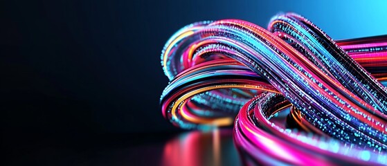 Abstract illustration of intertwined, glowing, colorful fiber optic cables against dark background