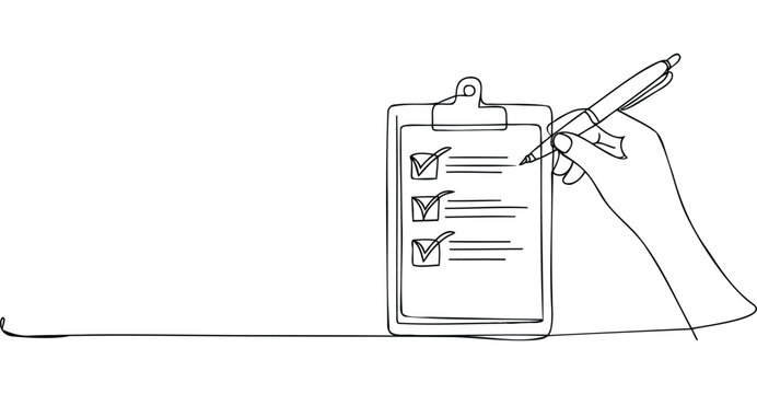 Minimalist continuous line drawing of hand holding pen and marking checklist on clipboard, symbolizing planning, organization, and productivity