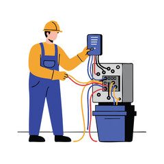 An electrician skillfully wires a complex circuit board in this 2D flat vector illustration, showcasing minimalist solid colors and clean lines on a pure white background.