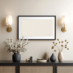 Modern living room interior with framed artwork and decorative vases on a credenza