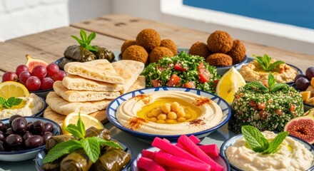 Vibrant Middle Eastern Mezze Feast with Hummus, Falafel, and Tabbouleh