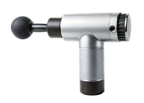 Silver massage gun with ball head on white background percussion massager muscle massager isolated on a transparent background