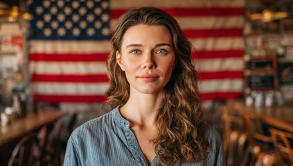 Young Woman with Wavy Hair and Blue Shirt Standing in American Flag Decorated Café