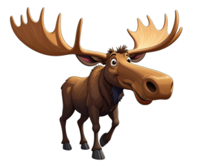 Cartoon-Style Majestic Moose with Oversized Antlers, Angled View, Isolated Transparent Background PNG